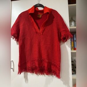 Tori Burch Pink 100% Cotton beautiful top with fringe EUC